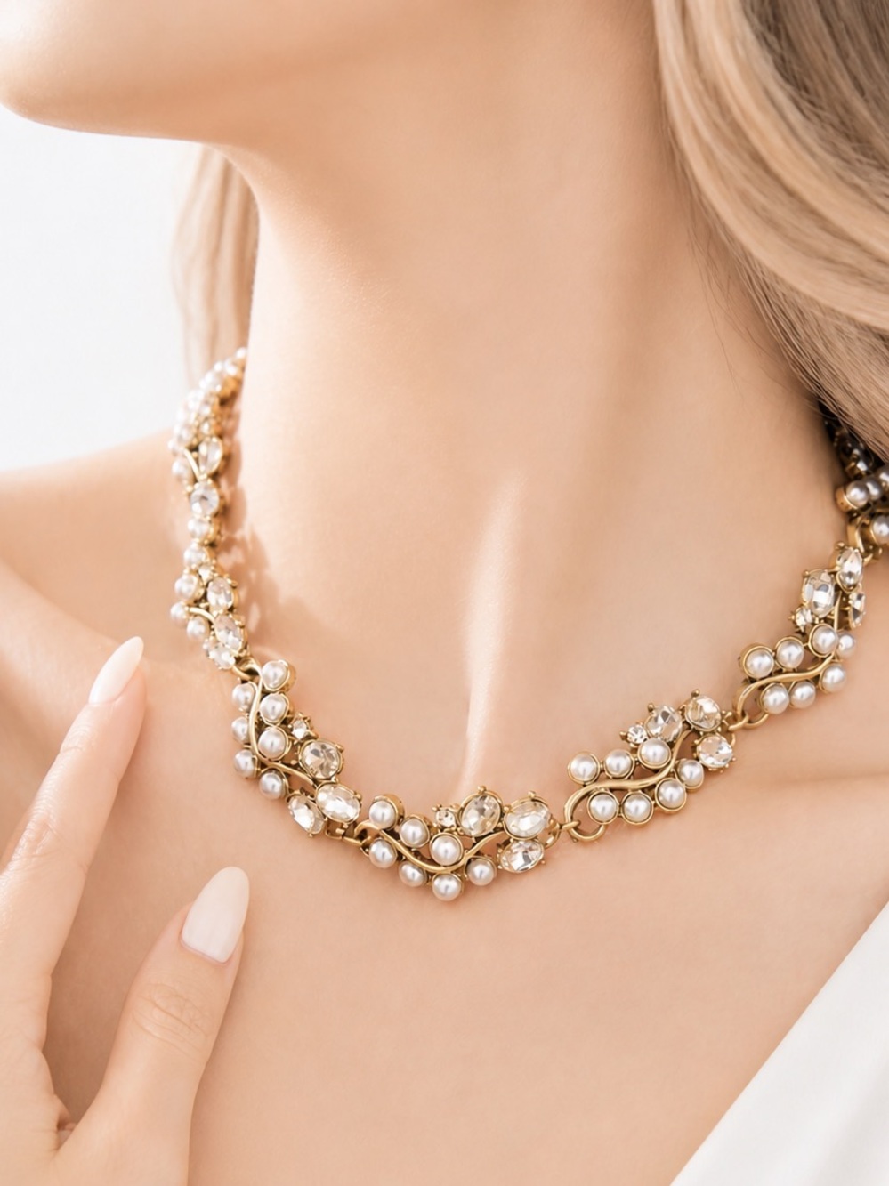 Gold Pearl and Crystal Statement Necklace